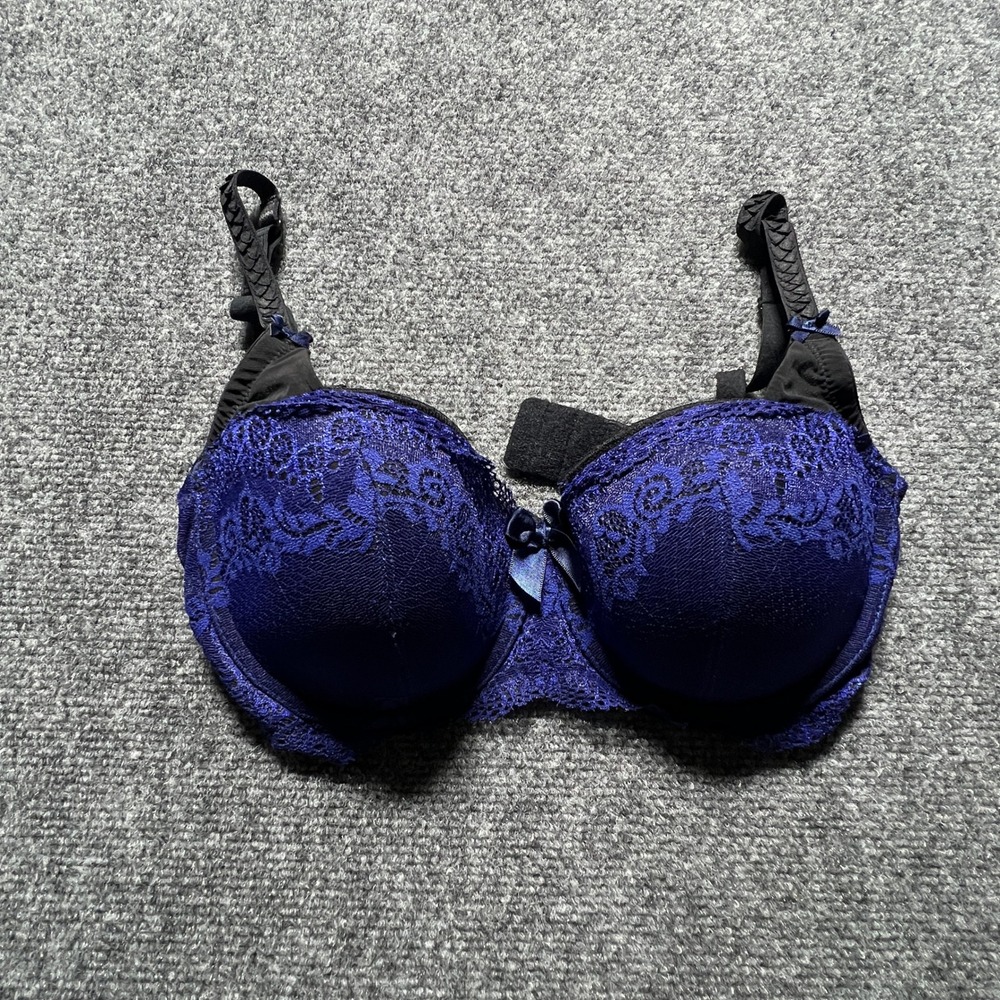 DKNY Cobalt Blue Black Floral Lace Underwire Padded Bra 32D 452174